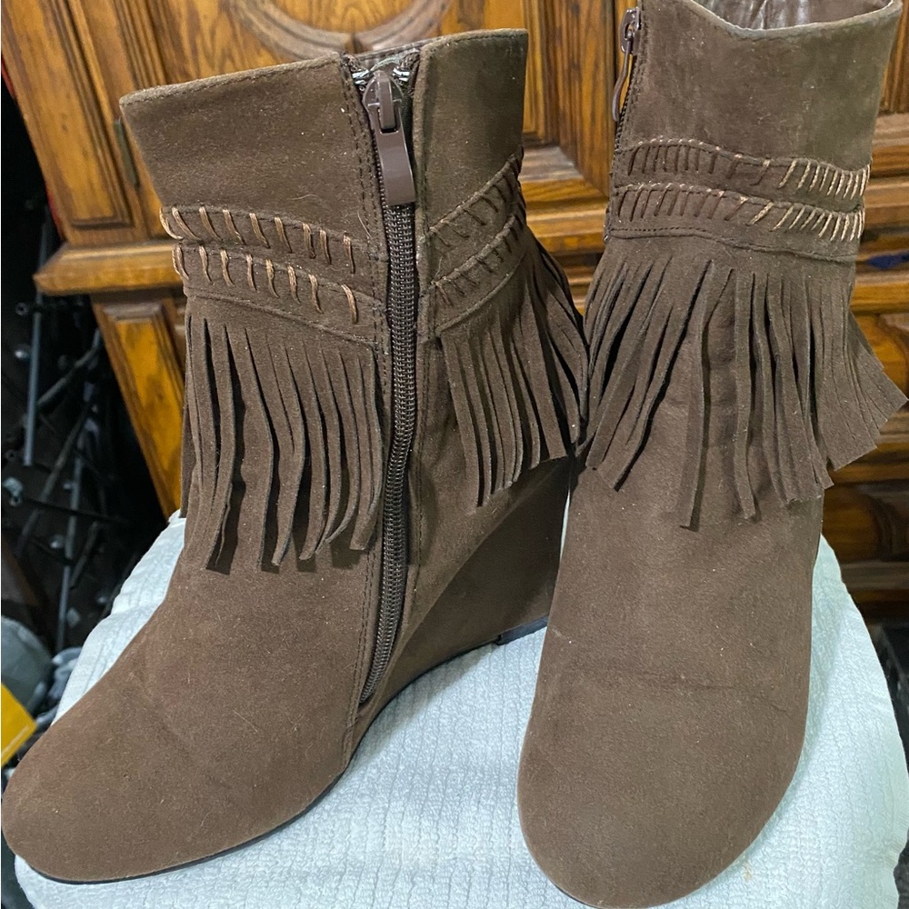 Brown Suede Fringe Ankle Booties with Zipper